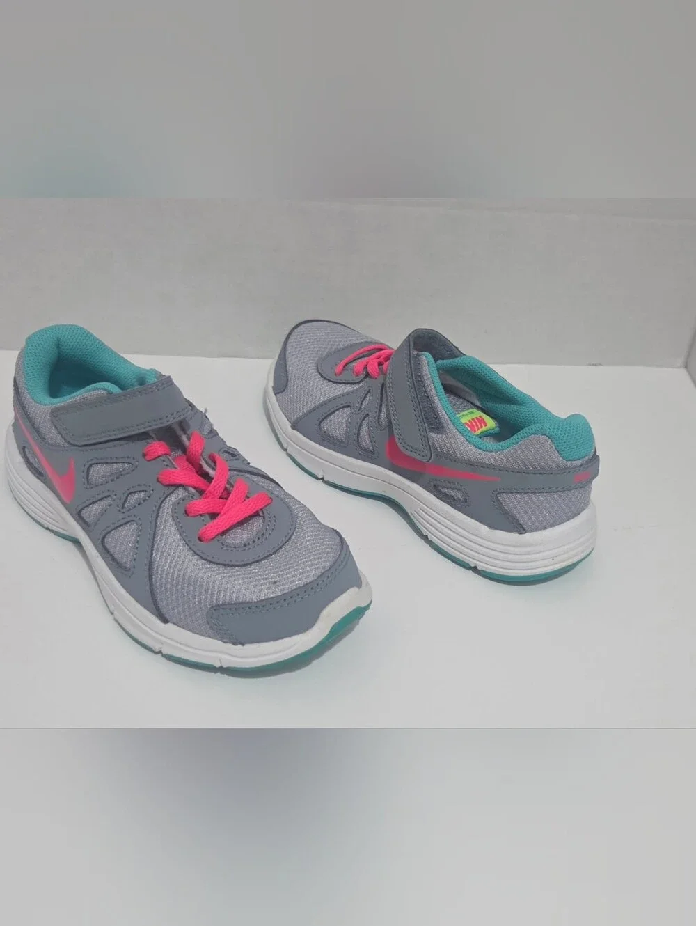 Nike Revolution 2 Kids Sneakers Gray Pink Teal Hook & Loop Strap US 13.5C